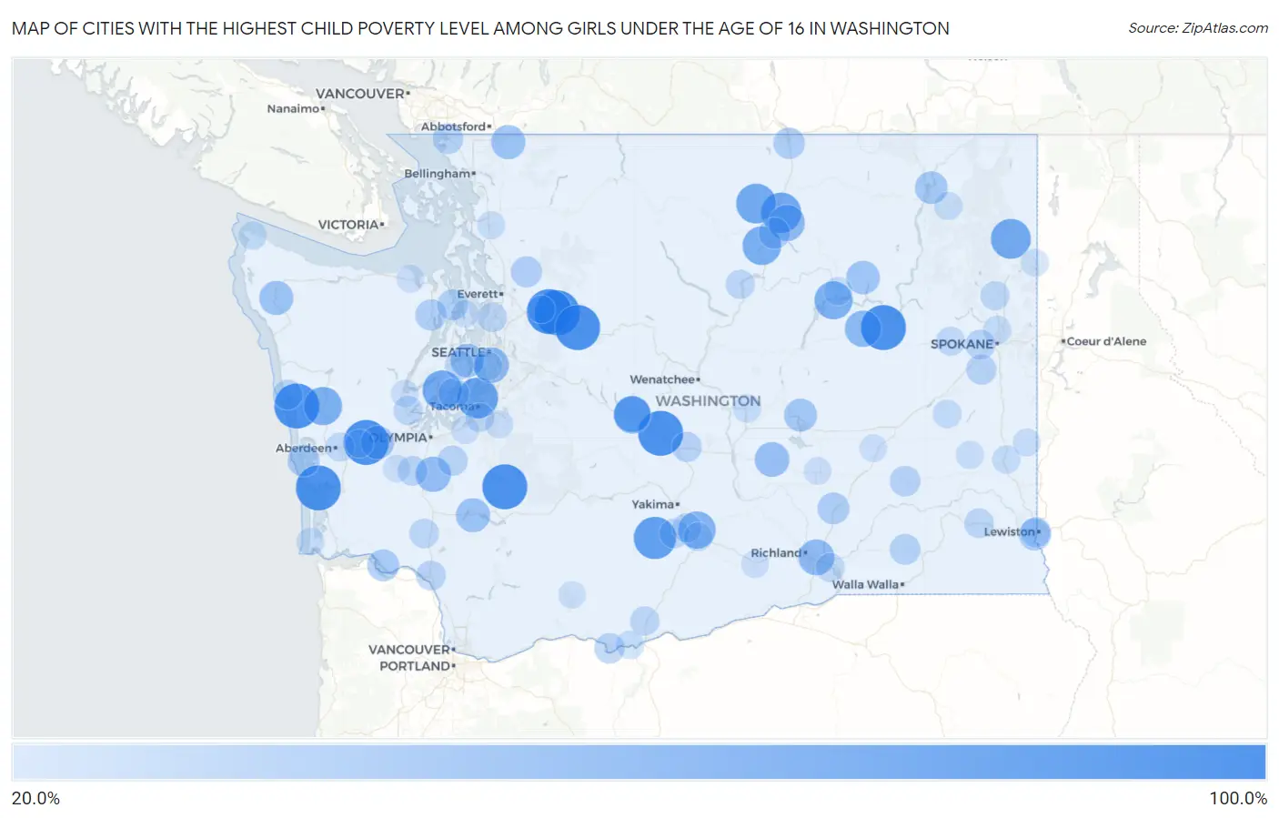 Cities with the Highest Child Poverty Level Among Girls Under the Age of 16 in Washington Map