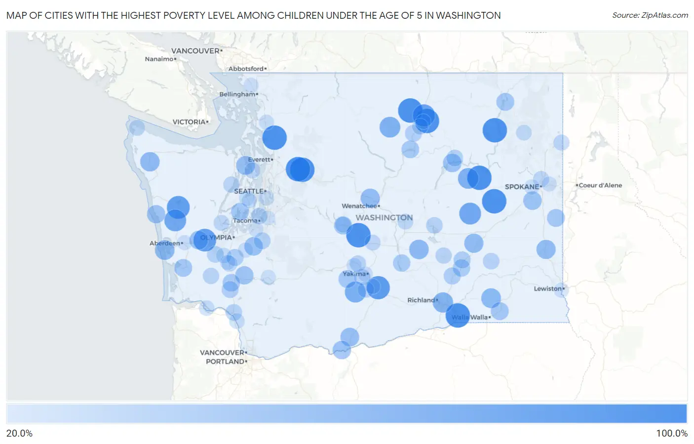 Cities with the Highest Poverty Level Among Children Under the Age of 5 in Washington Map