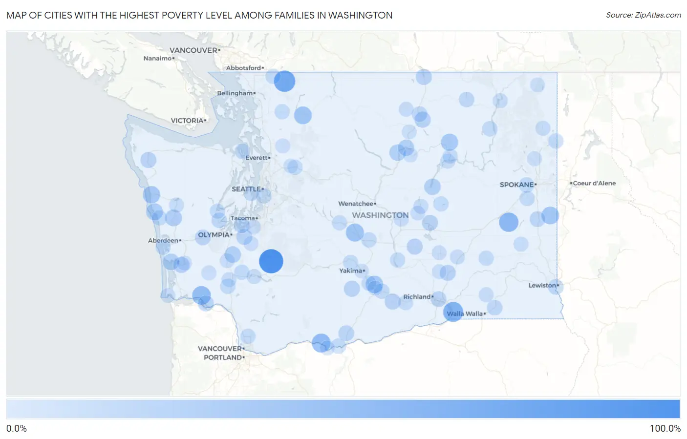 Cities with the Highest Poverty Level Among Families in Washington Map