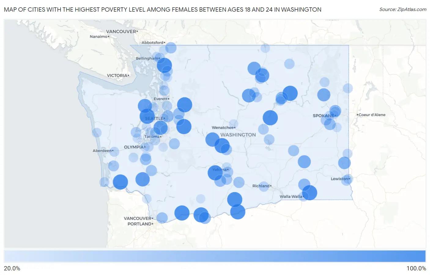 Cities with the Highest Poverty Level Among Females Between Ages 18 and 24 in Washington Map