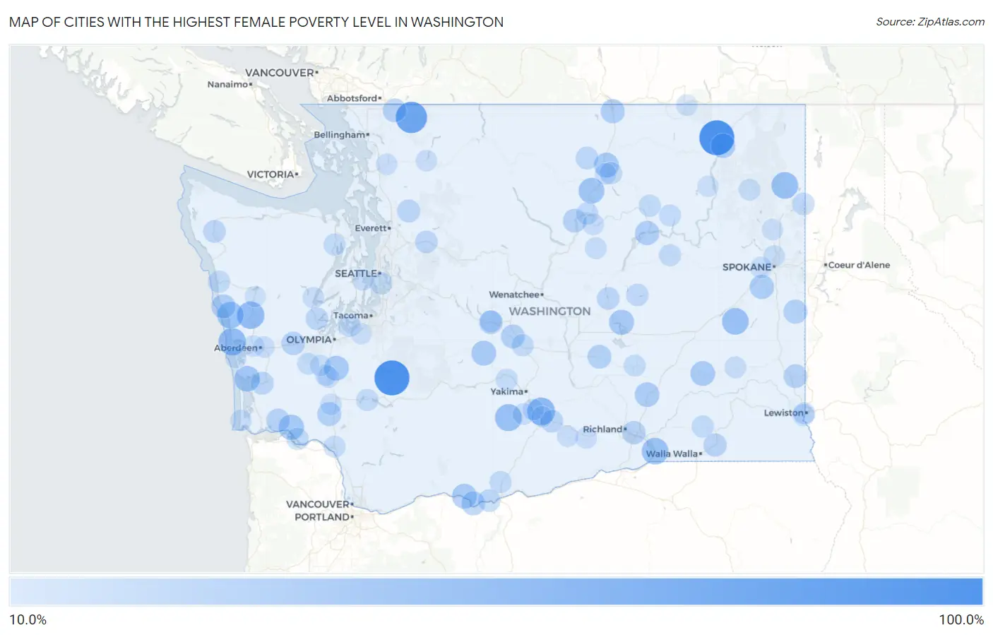 Cities with the Highest Female Poverty Level in Washington Map