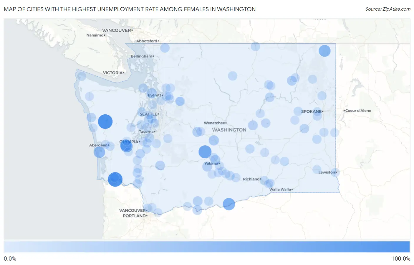 Cities with the Highest Unemployment Rate Among Females in Washington Map
