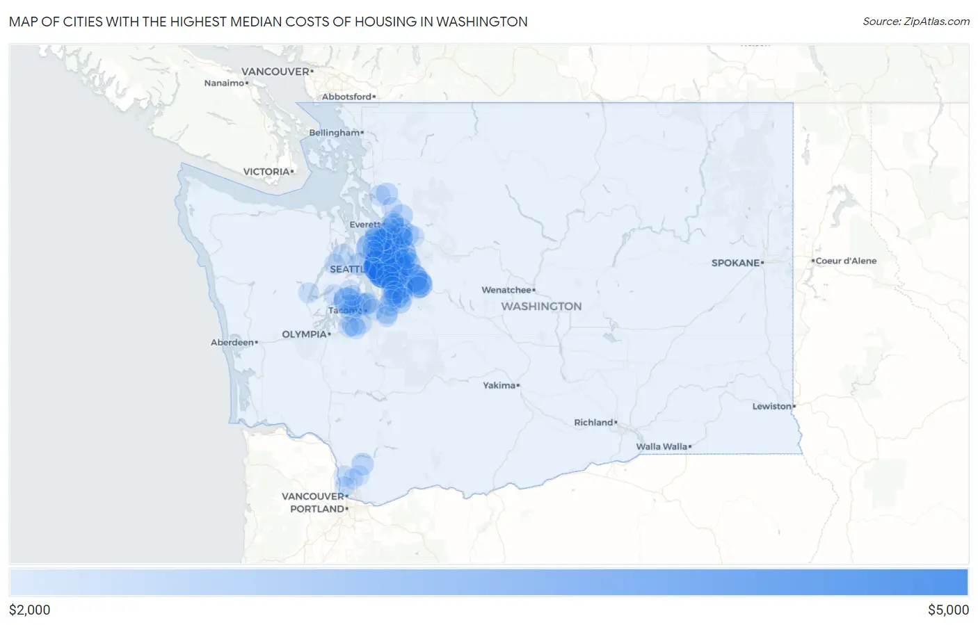 Cities with the Highest Median Costs of Housing in Washington Map