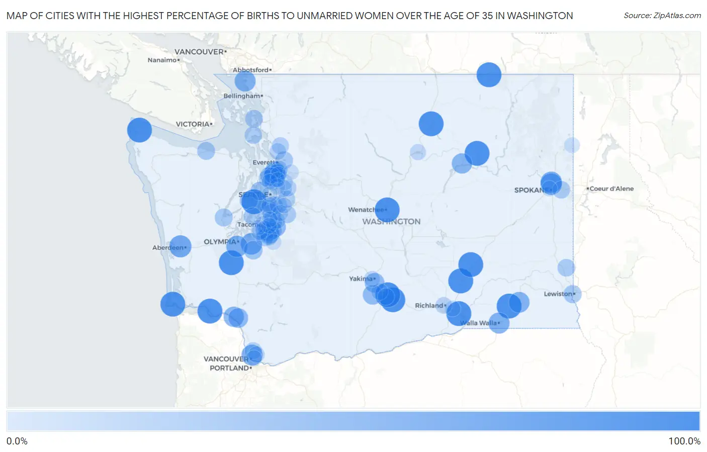 Cities with the Highest Percentage of Births to Unmarried Women over the Age of 35 in Washington Map