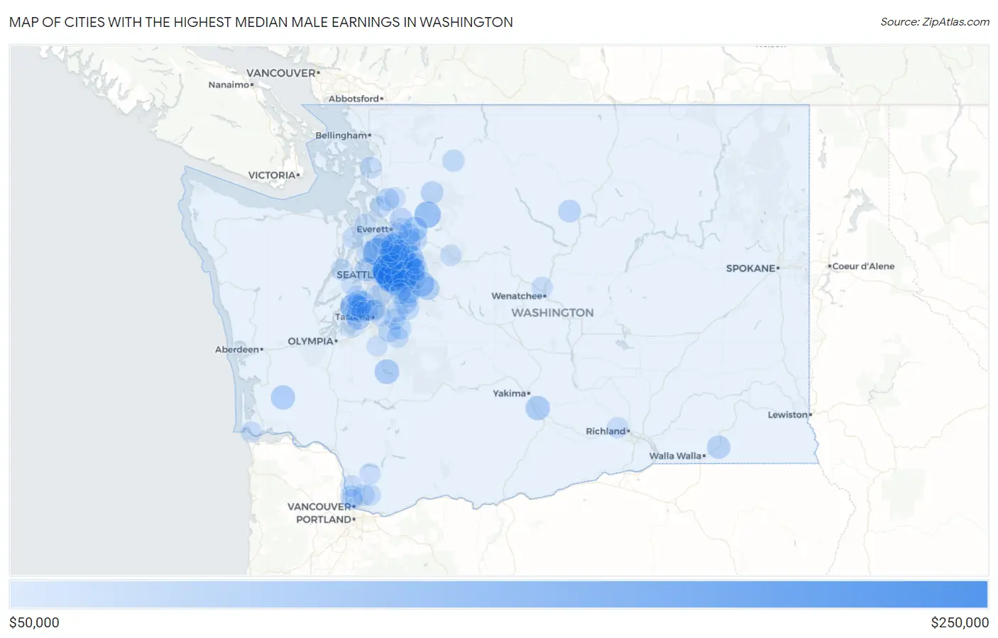 Cities with the Highest Median Male Earnings in Washington Map