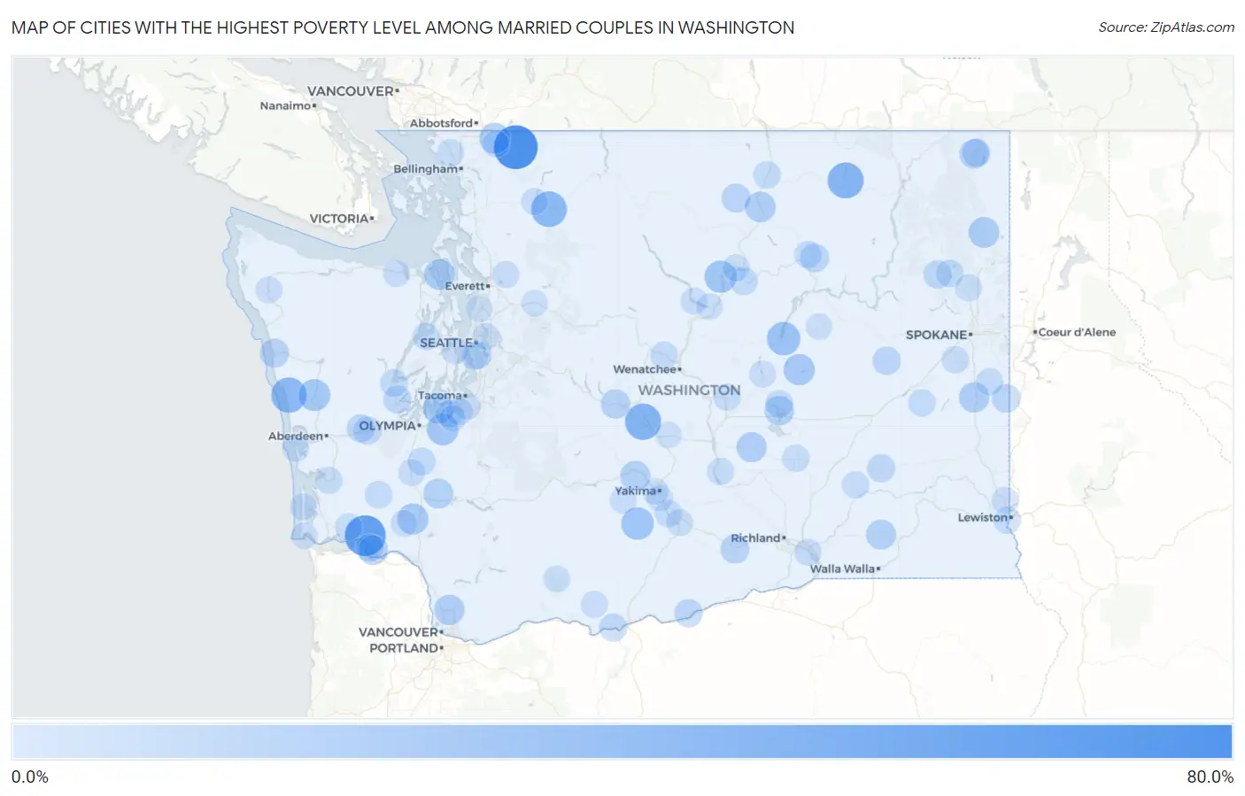 Cities with the Highest Poverty Level Among Married Couples in Washington Map