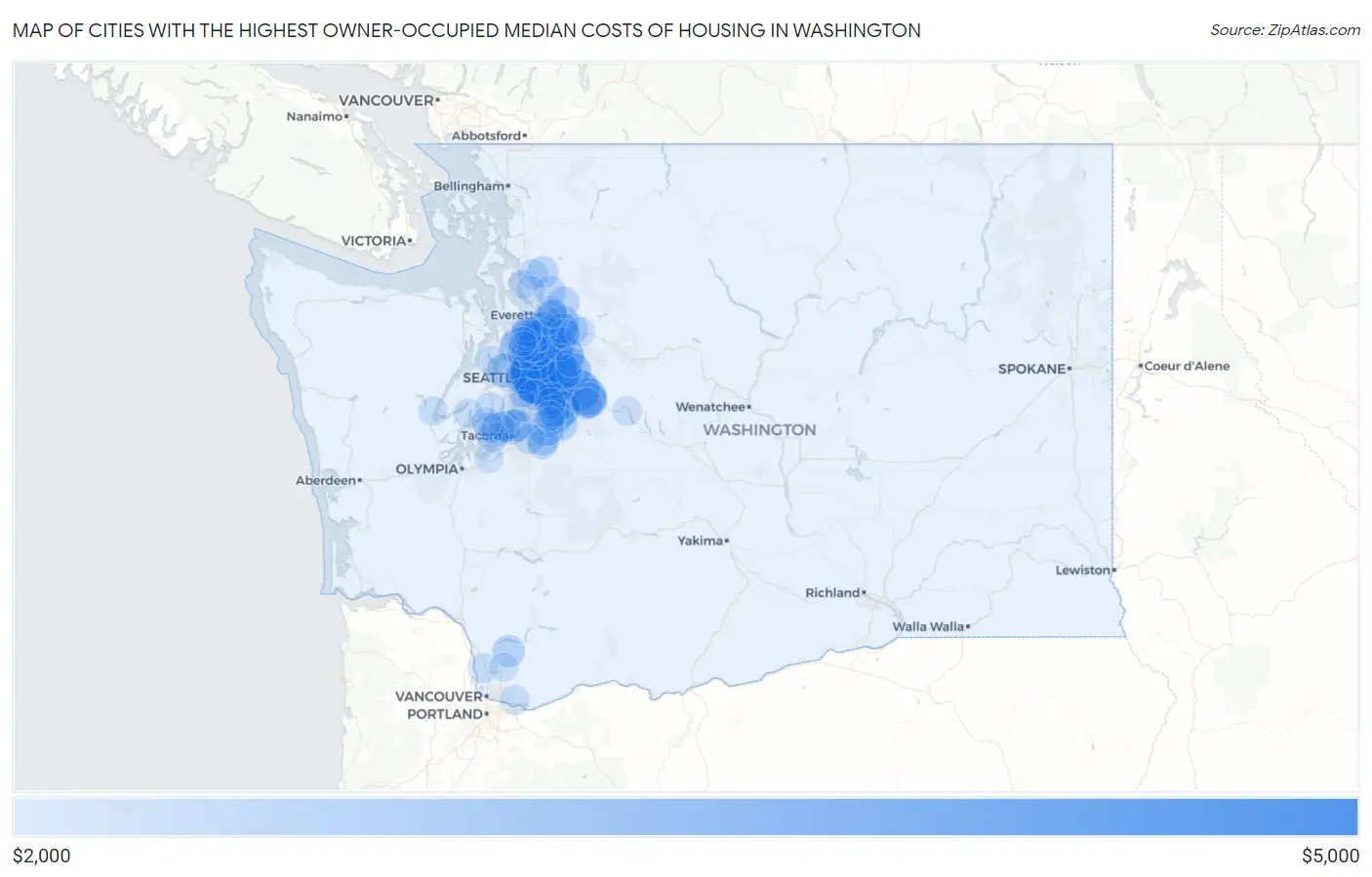 Cities with the Highest Owner-Occupied Median Costs of Housing in Washington Map