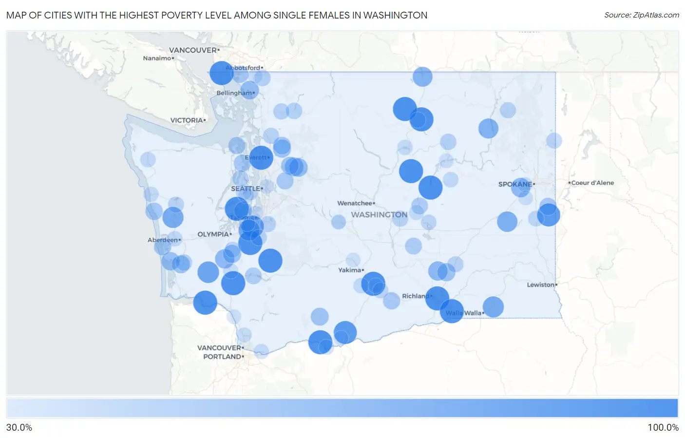 Cities with the Highest Poverty Level Among Single Females in Washington Map