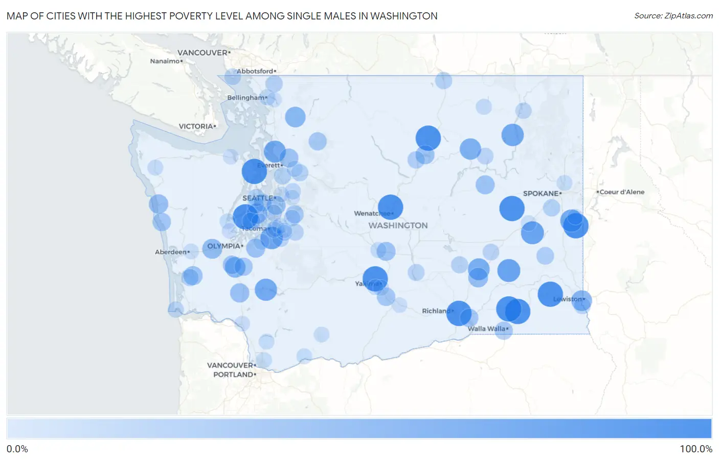 Cities with the Highest Poverty Level Among Single Males in Washington Map