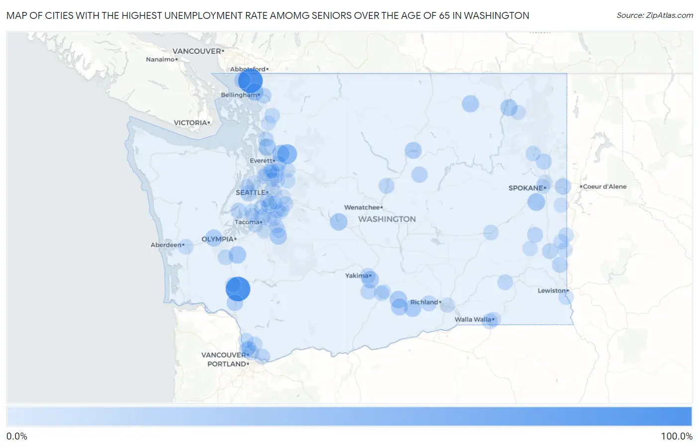 Cities with the Highest Unemployment Rate Amomg Seniors Over the Age of 65 in Washington Map