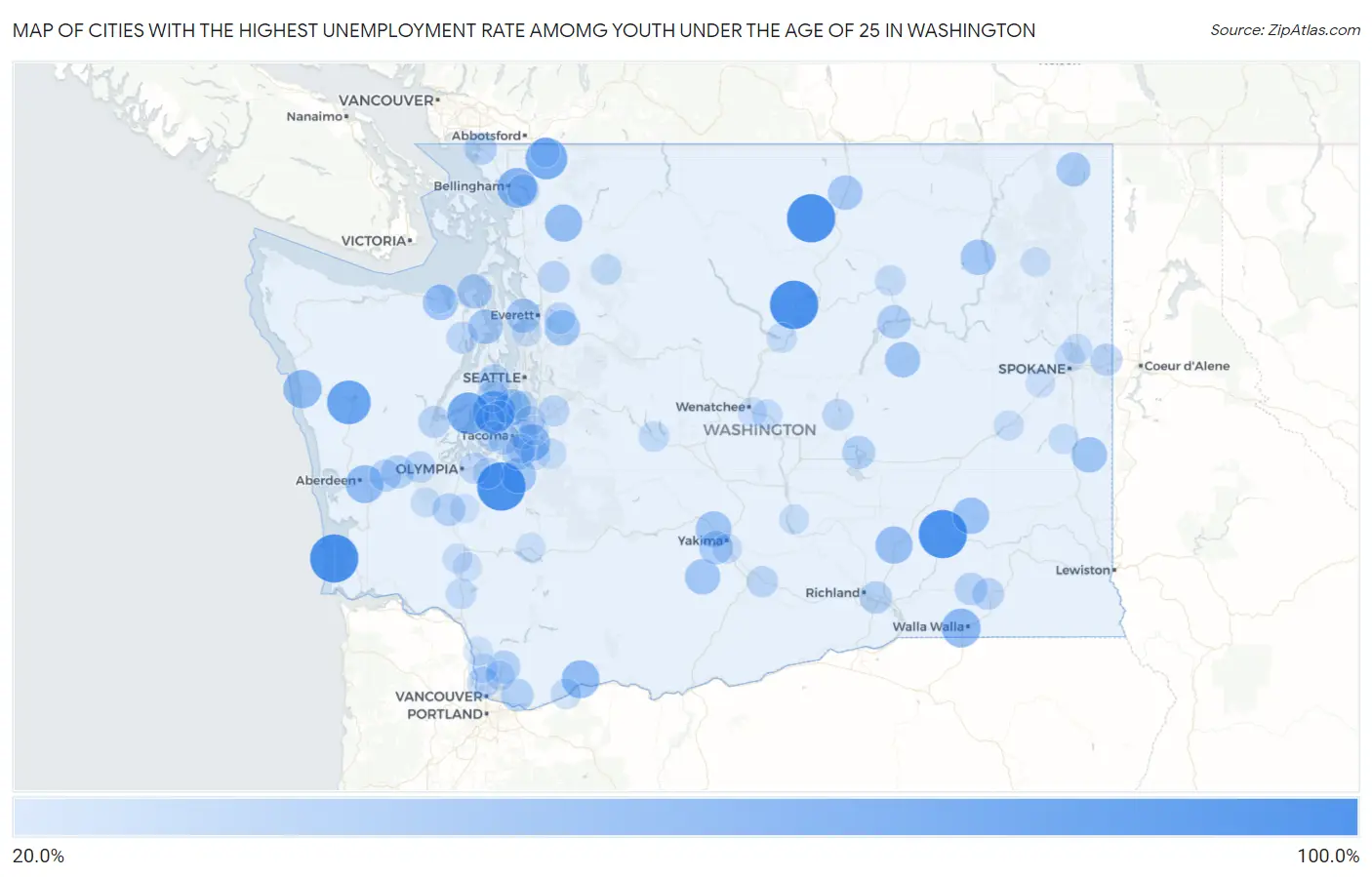 Cities with the Highest Unemployment Rate Amomg Youth Under the Age of 25 in Washington Map