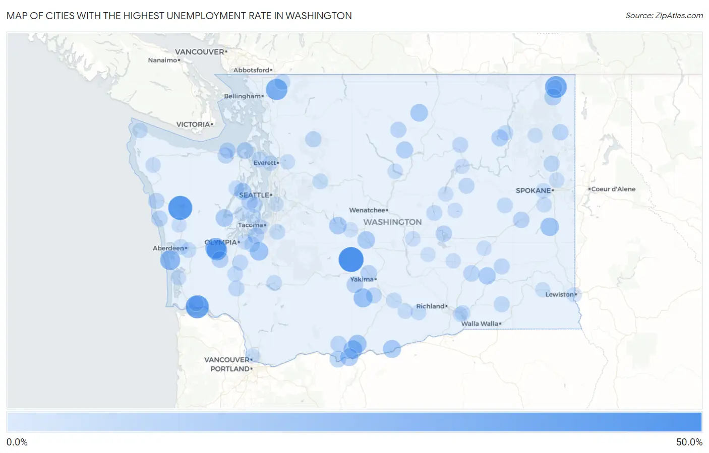 Cities with the Highest Unemployment Rate in Washington Map