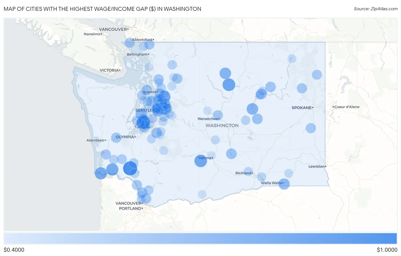 Cities with the Highest Wage/Income Gap ($) in Washington Map