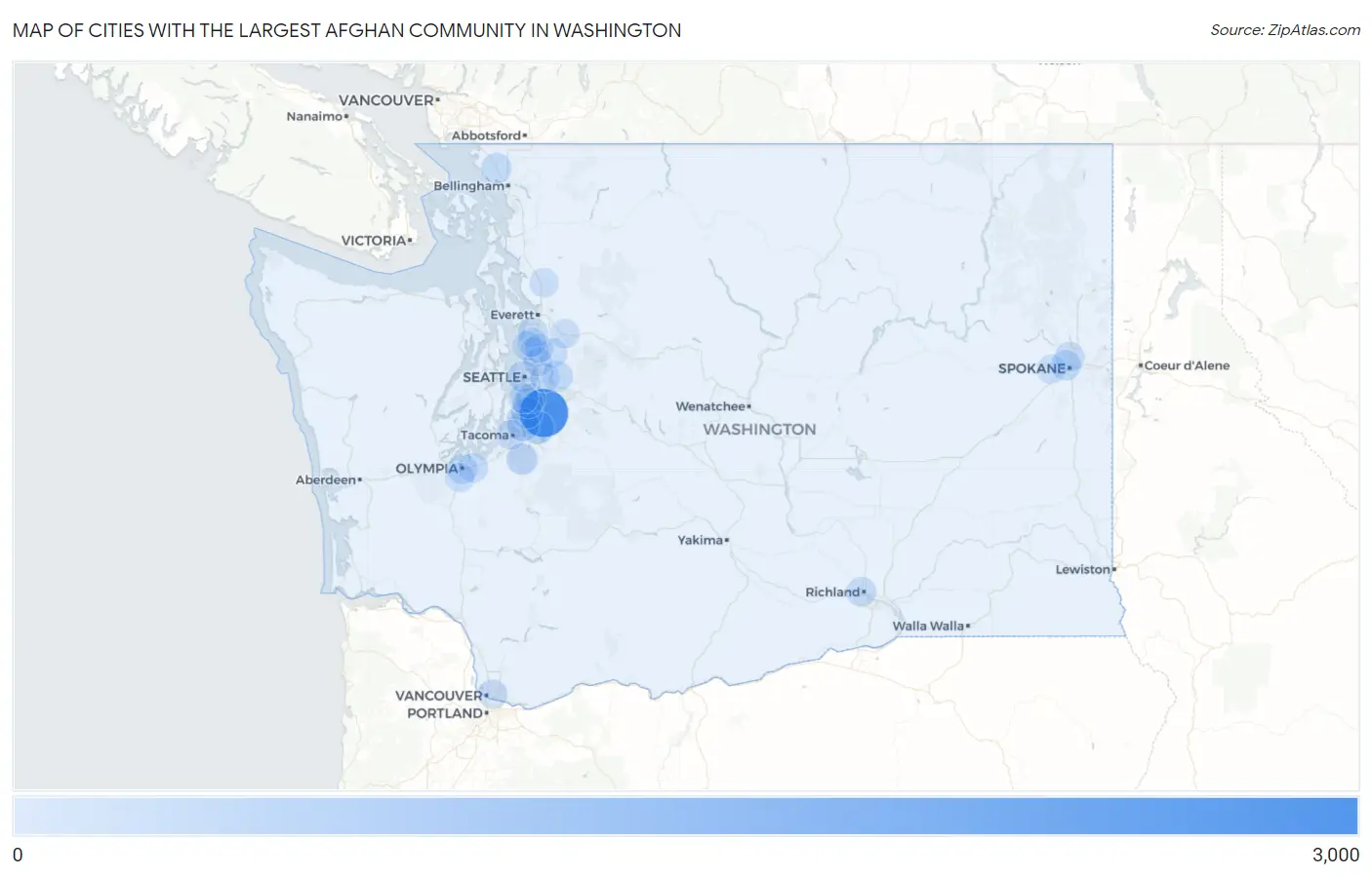 Cities with the Largest Afghan Community in Washington Map