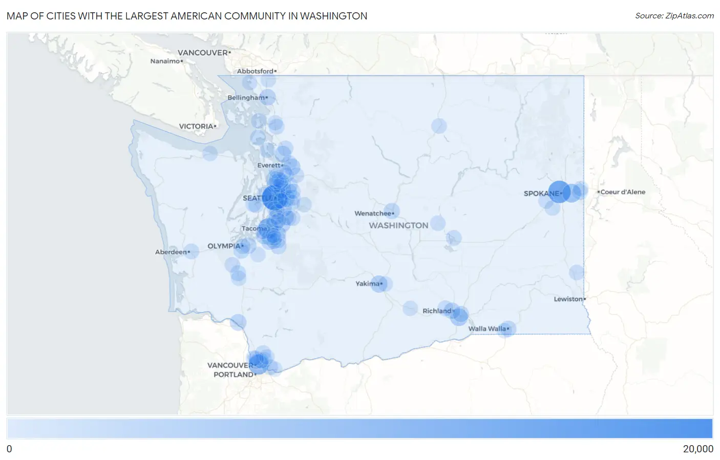 Cities with the Largest American Community in Washington Map