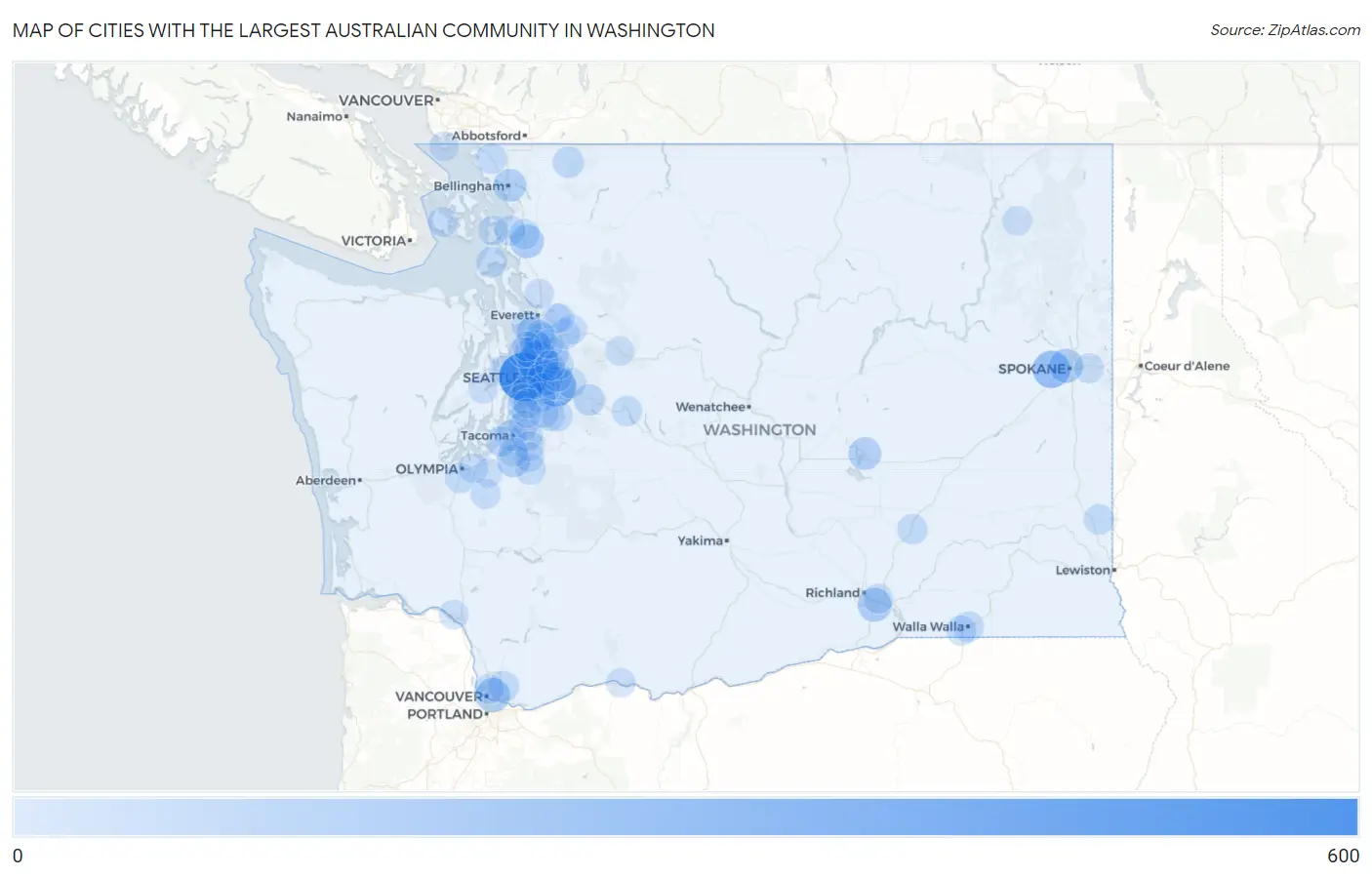 Cities with the Largest Australian Community in Washington Map
