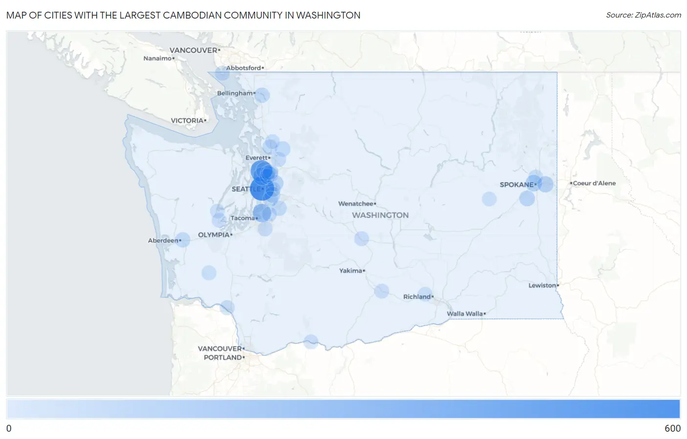Cities with the Largest Cambodian Community in Washington Map