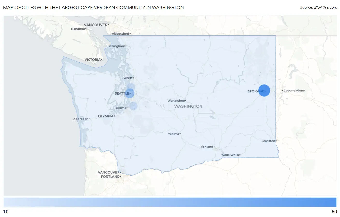 Cities with the Largest Cape Verdean Community in Washington Map