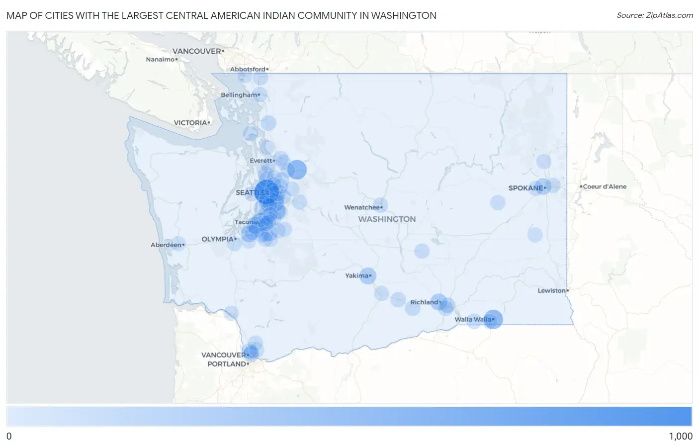Cities with the Largest Central American Indian Community in Washington Map