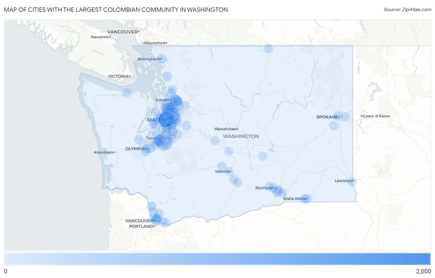 Cities with the Largest Colombian Community in Washington Map