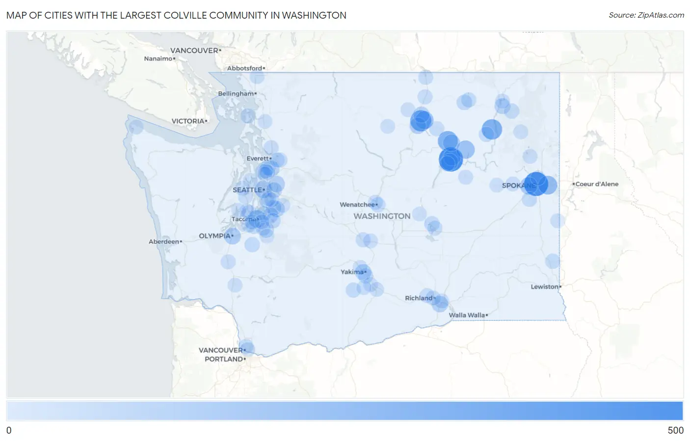 Cities with the Largest Colville Community in Washington Map