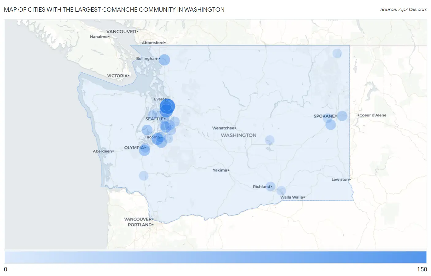 Cities with the Largest Comanche Community in Washington Map