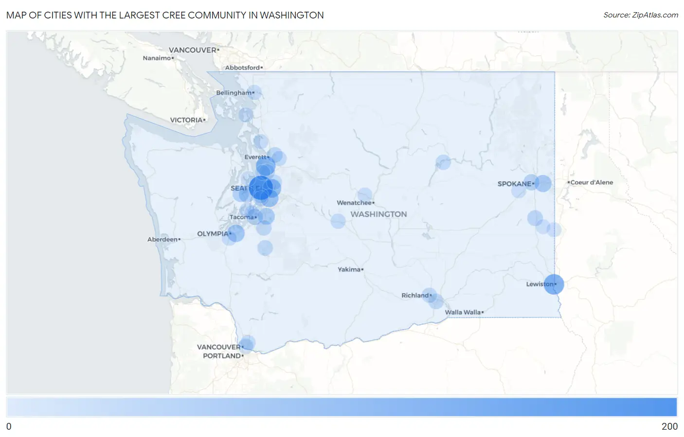 Cities with the Largest Cree Community in Washington Map