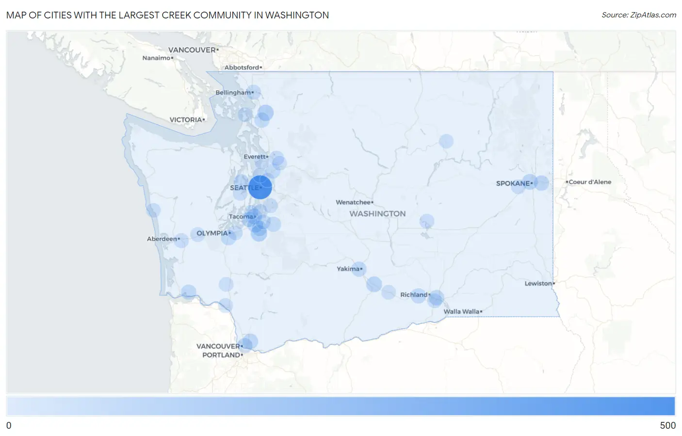 Cities with the Largest Creek Community in Washington Map