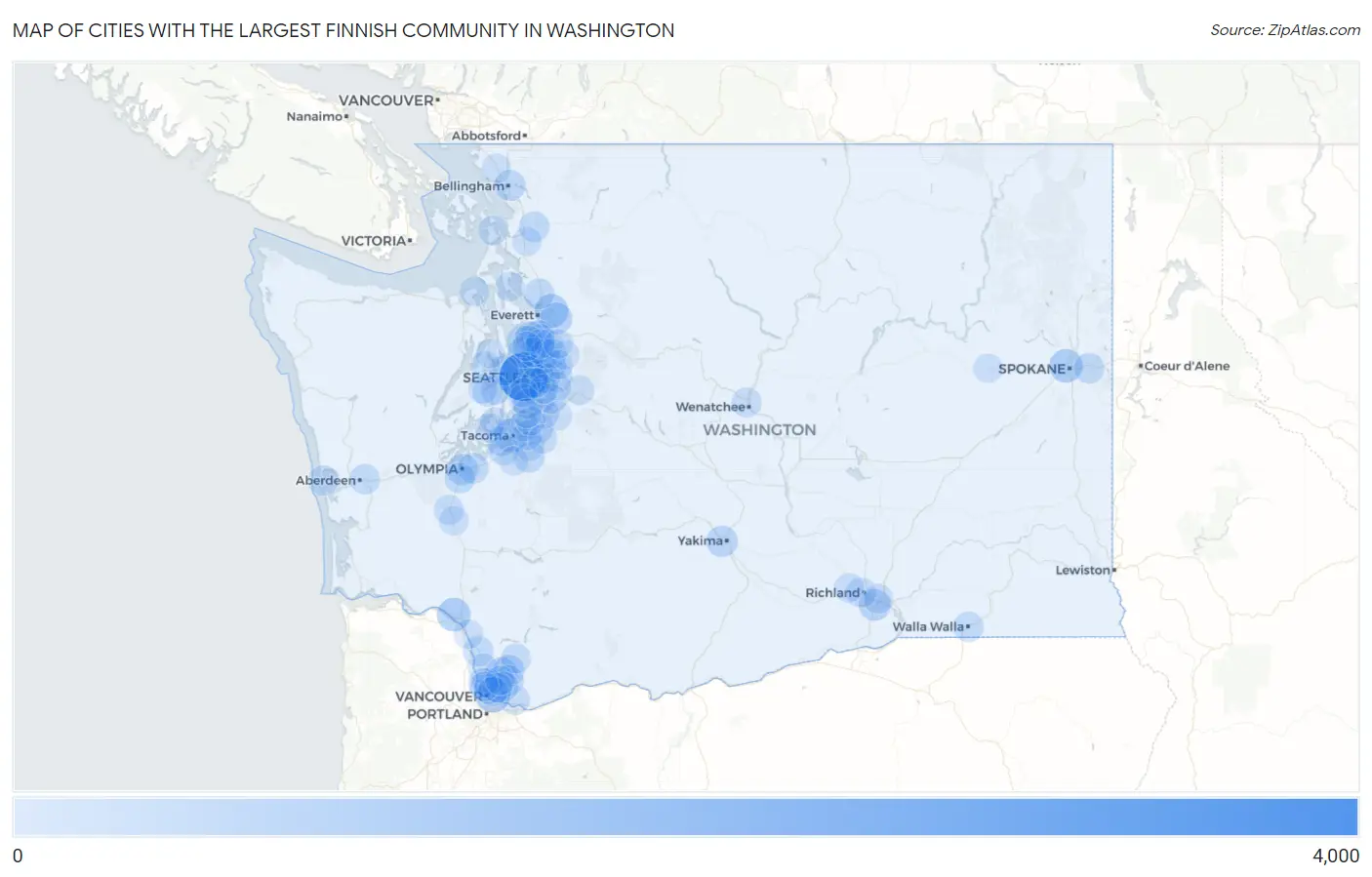 Cities with the Largest Finnish Community in Washington Map