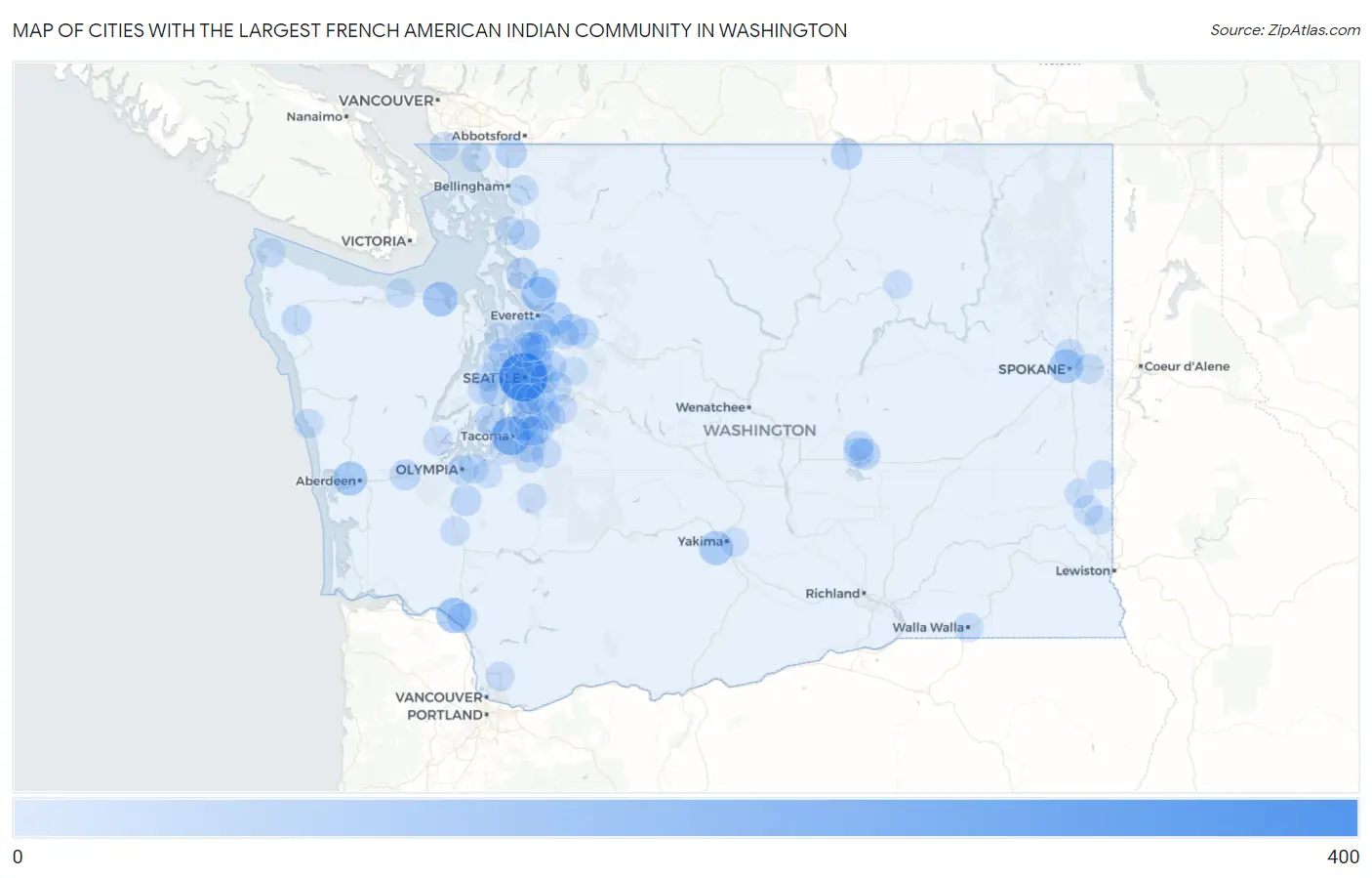 Cities with the Largest French American Indian Community in Washington Map