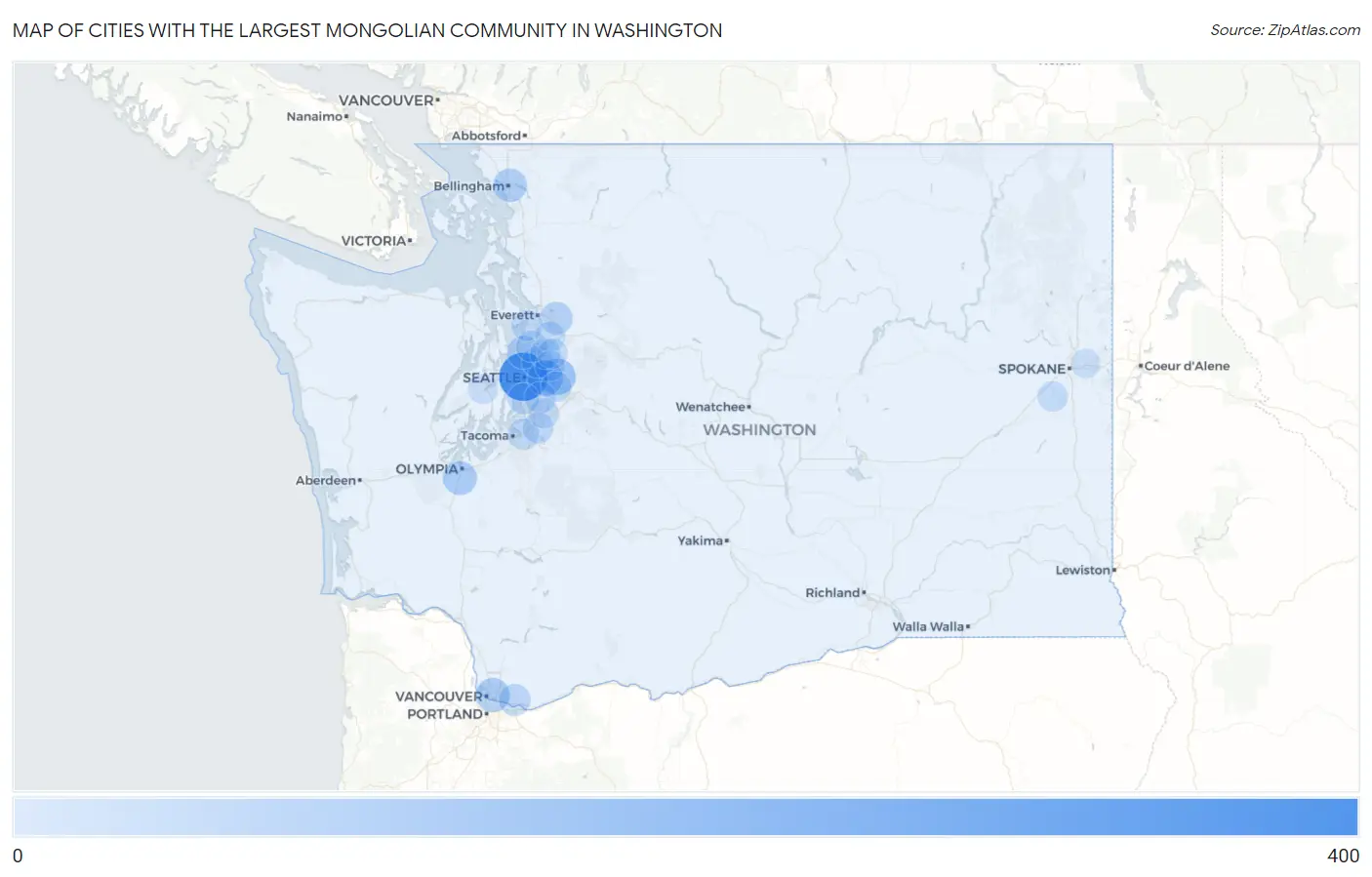 Cities with the Largest Mongolian Community in Washington Map