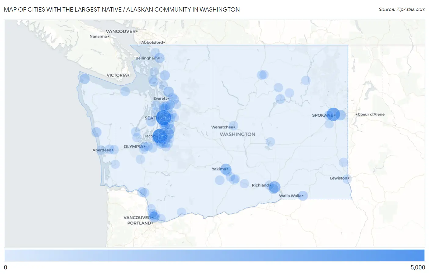 Cities with the Largest Native / Alaskan Community in Washington Map