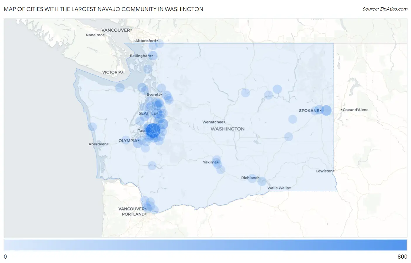 Cities with the Largest Navajo Community in Washington Map
