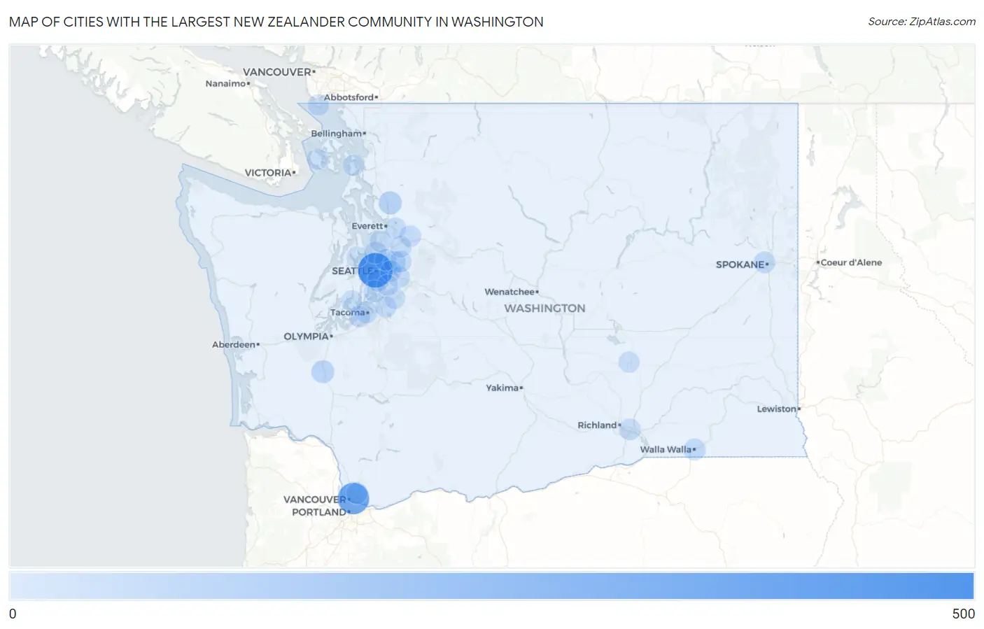 Cities with the Largest New Zealander Community in Washington Map