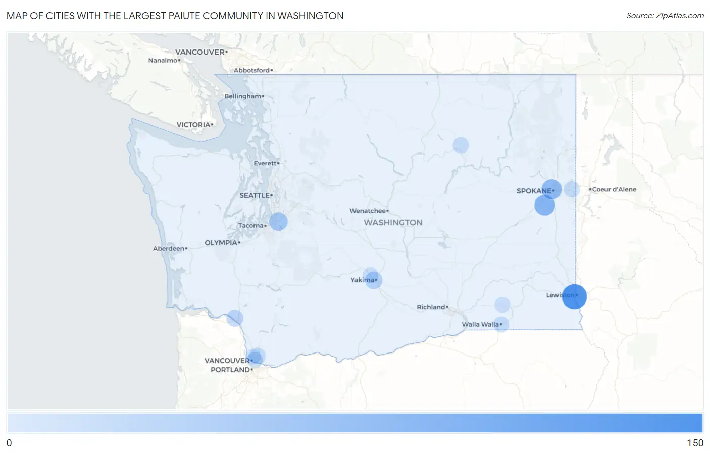 Cities with the Largest Paiute Community in Washington Map