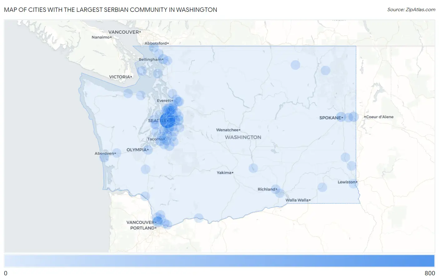Cities with the Largest Serbian Community in Washington Map
