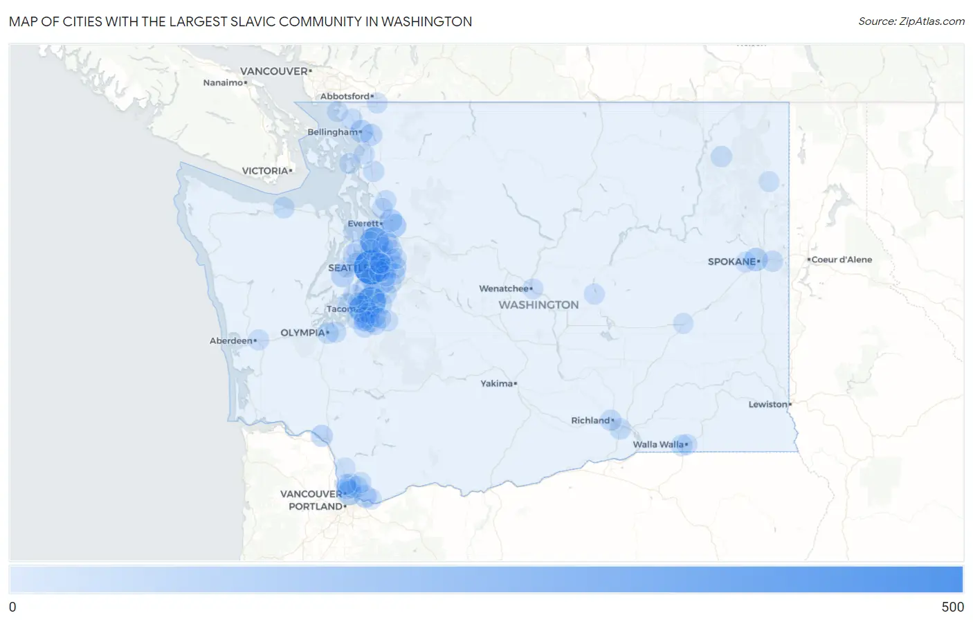 Cities with the Largest Slavic Community in Washington Map