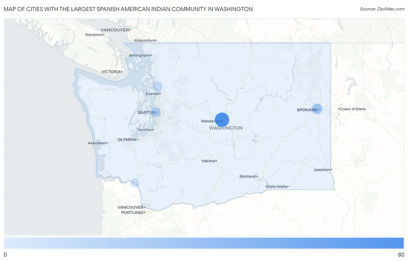 Cities with the Largest Spanish American Indian Community in Washington Map