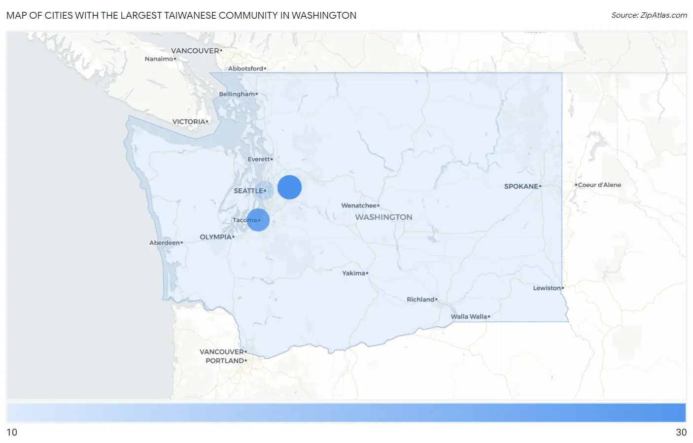 Cities with the Largest Taiwanese Community in Washington Map