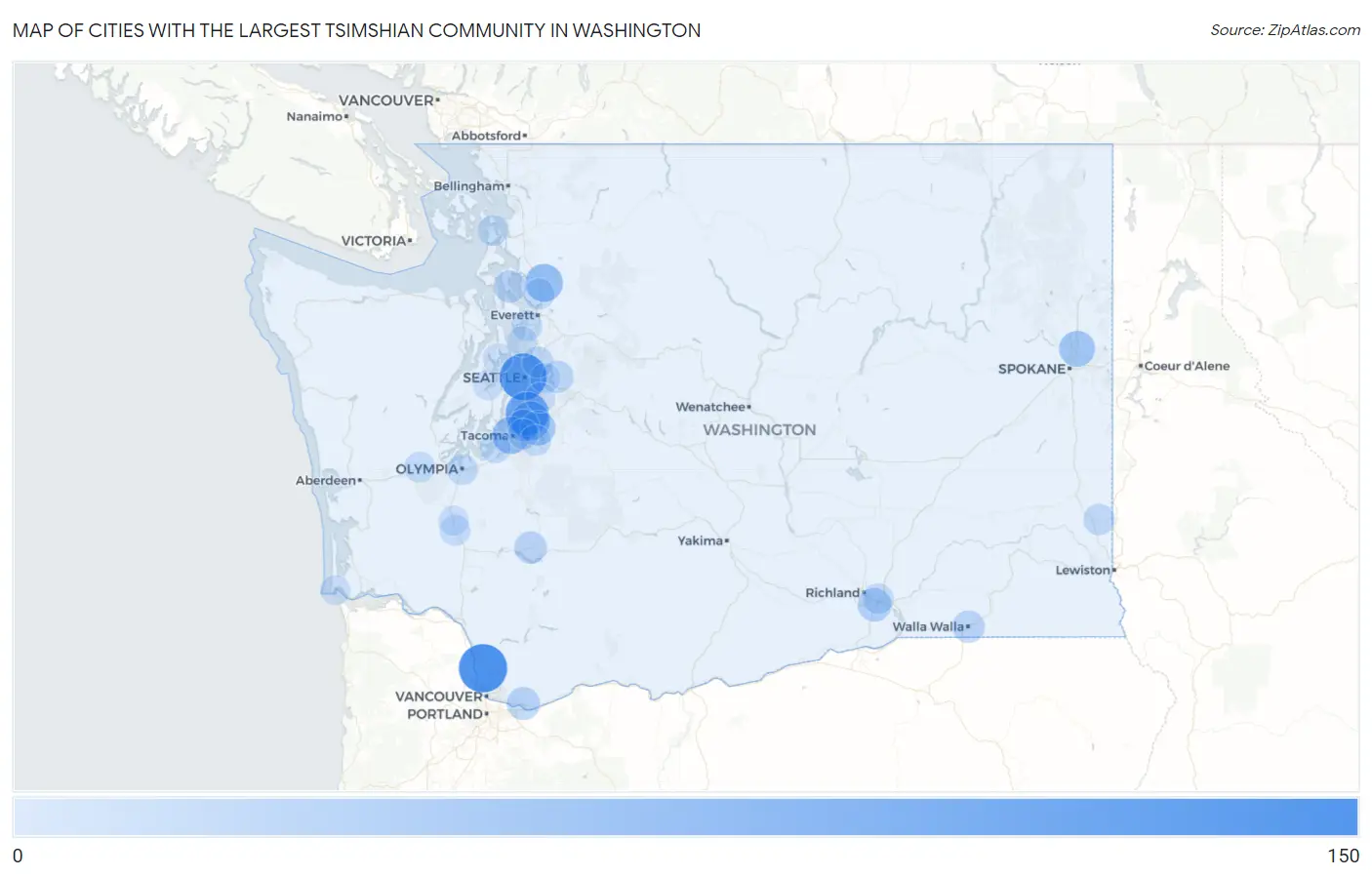 Cities with the Largest Tsimshian Community in Washington Map