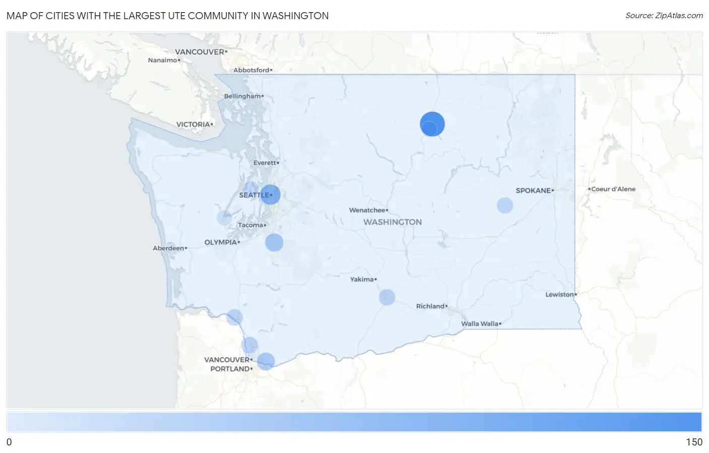 Cities with the Largest Ute Community in Washington Map