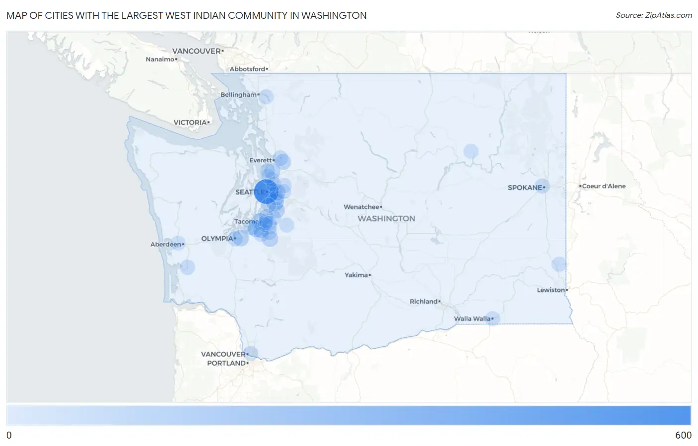 Cities with the Largest West Indian Community in Washington Map
