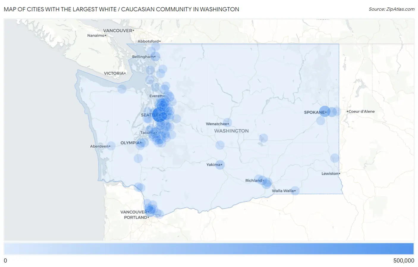 Cities with the Largest White / Caucasian Community in Washington Map
