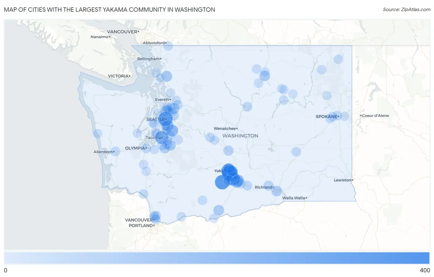 Cities with the Largest Yakama Community in Washington Map