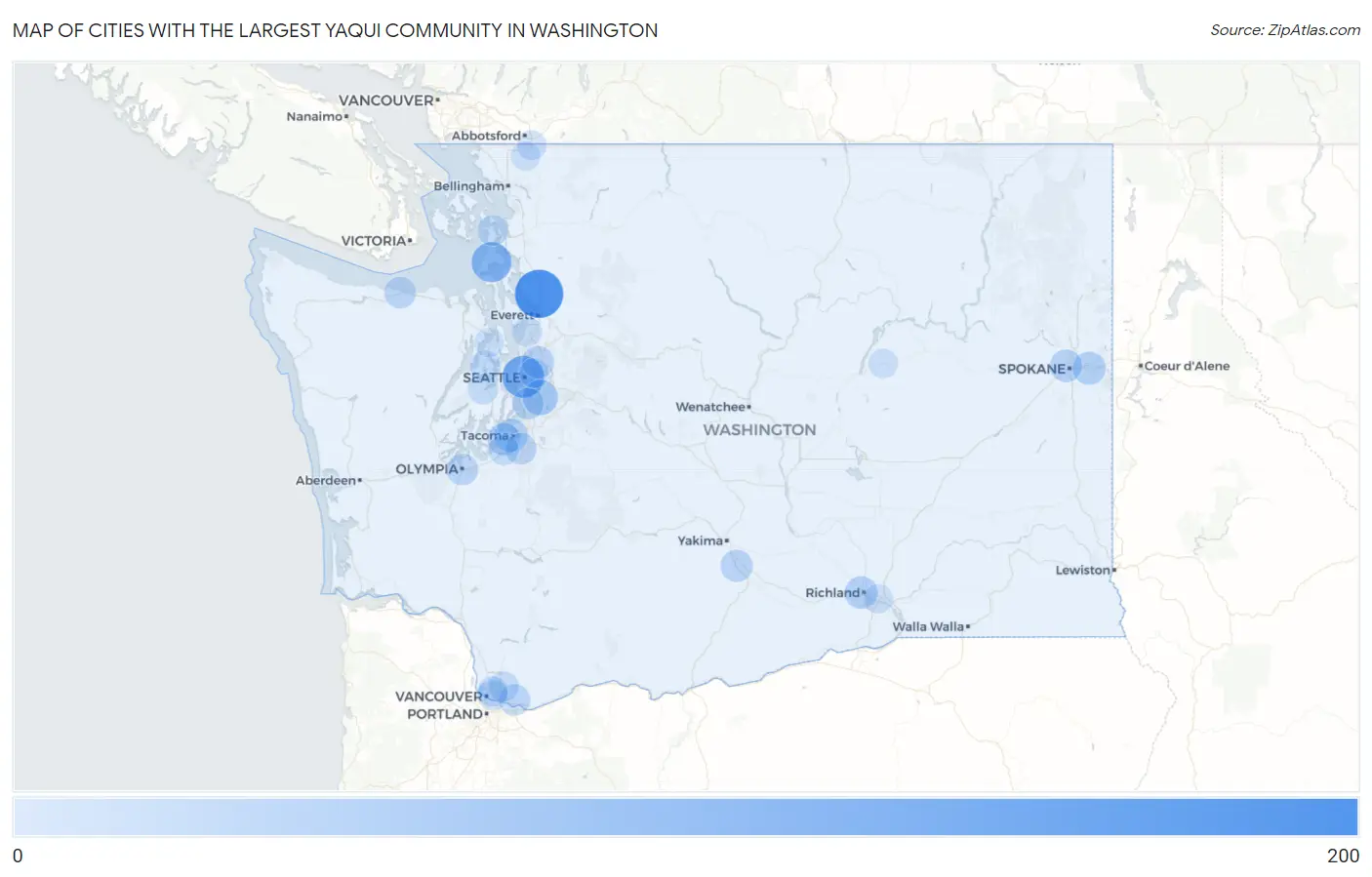Cities with the Largest Yaqui Community in Washington Map