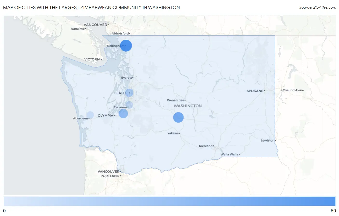 Cities with the Largest Zimbabwean Community in Washington Map