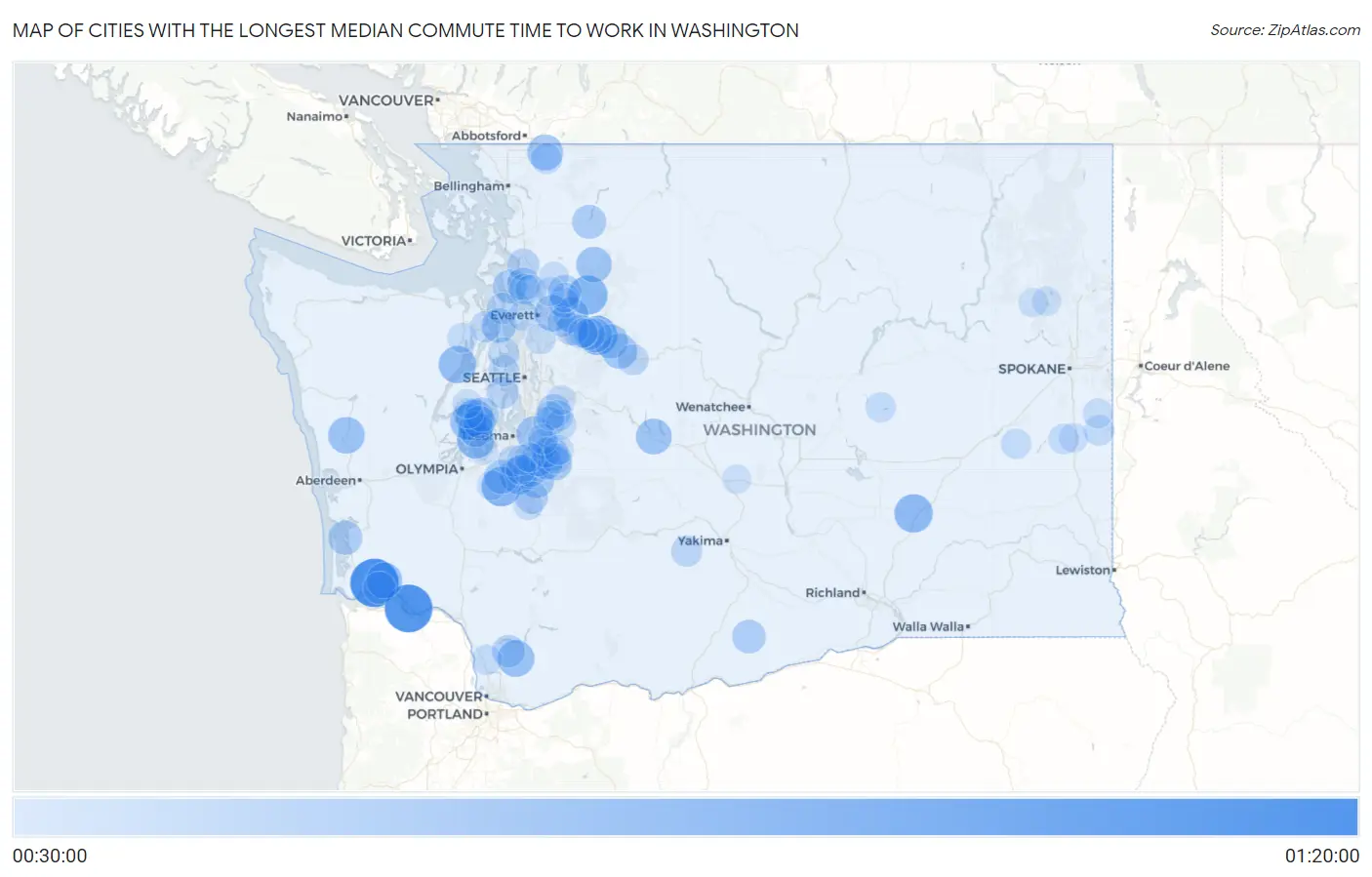 Cities with the Longest Median Commute Time to Work in Washington Map