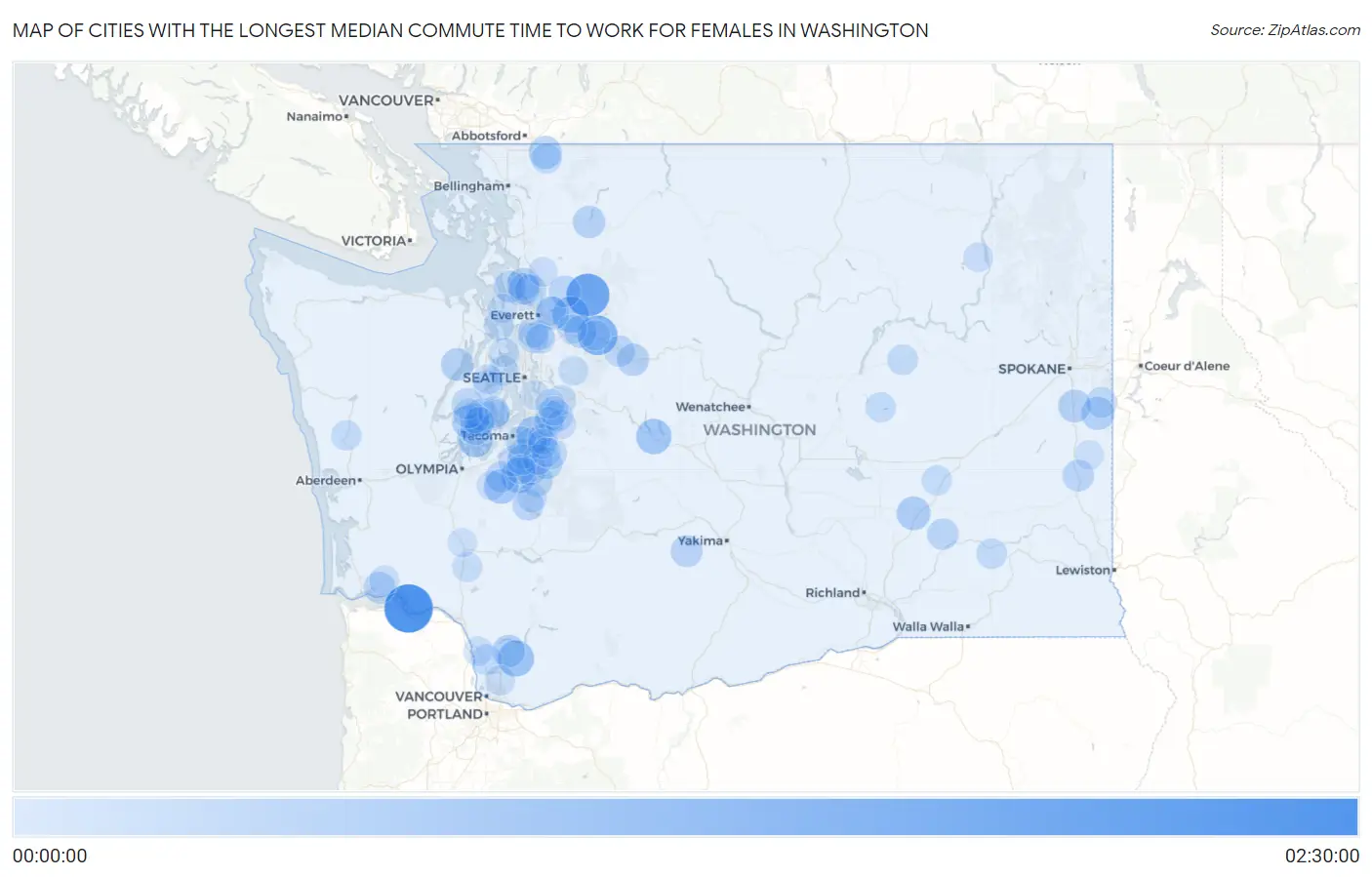 Cities with the Longest Median Commute Time to Work for Females in Washington Map