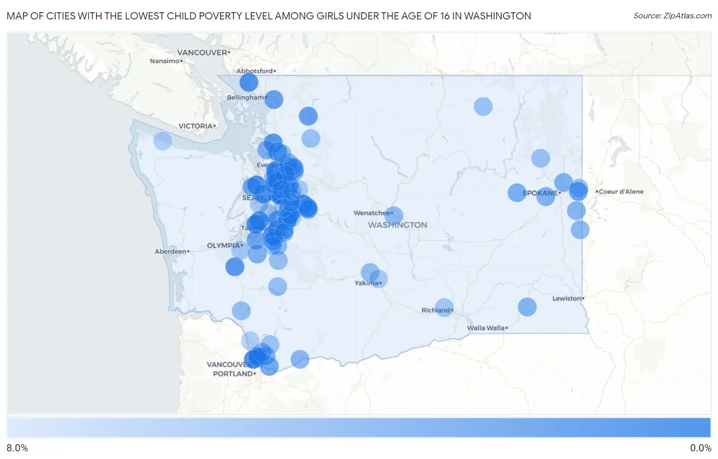 Cities with the Lowest Child Poverty Level Among Girls Under the Age of 16 in Washington Map