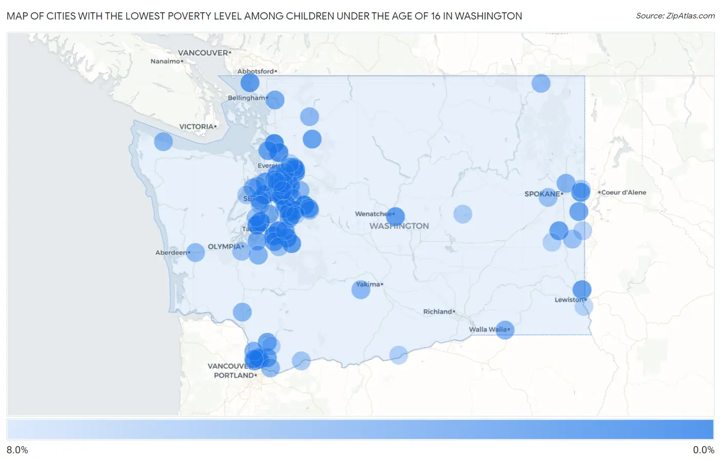 Cities with the Lowest Poverty Level Among Children Under the Age of 16 in Washington Map